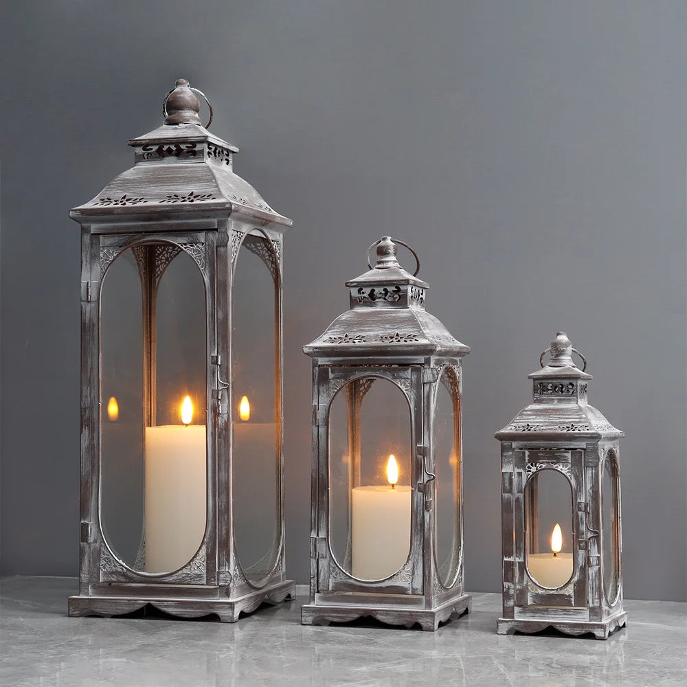 Vintage Metal Candle Lanterns Decorative Outdoor Lantern, Set of 3 (Grey)