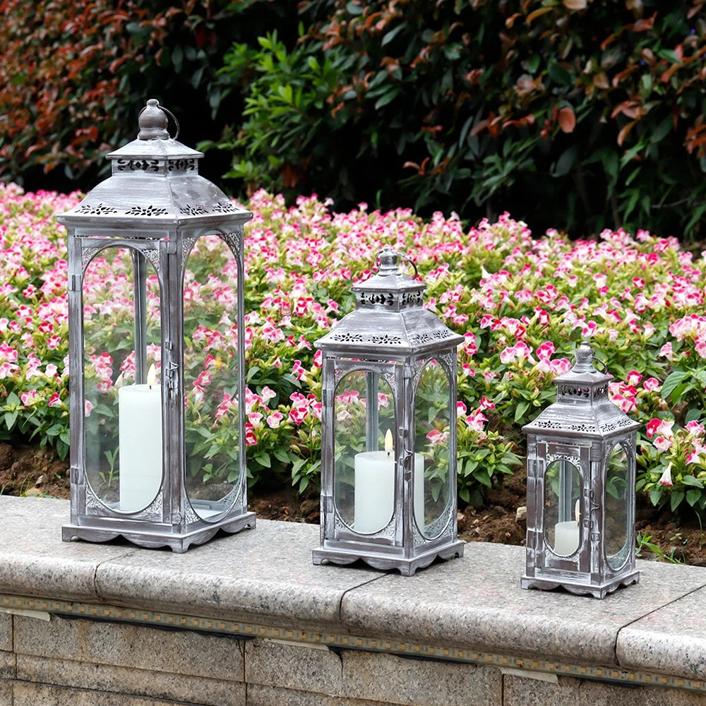 Vintage Metal Candle Lanterns Decorative Outdoor Lantern, Set of 3 (Grey)
