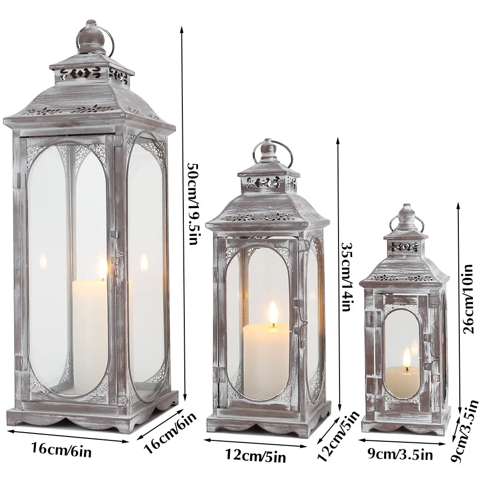 Vintage Metal Candle Lanterns Decorative Outdoor Lantern, Set of 3 (Grey)